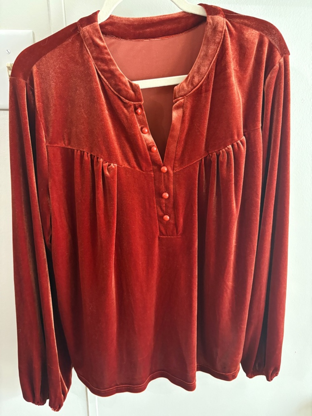 Women's Velvet Long-Sleeve Henley Top - Rust